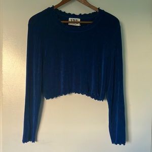 Vintage 90s Lettuce Hem Cropped Blue Stretchy Top